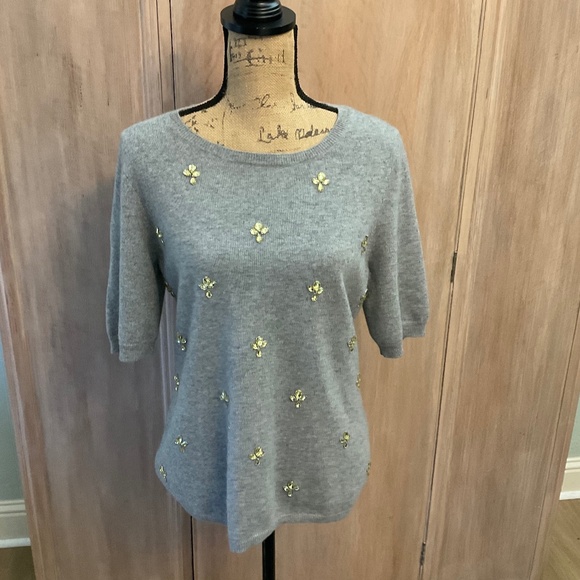 100% Cashmere Garnet Hill Short Sleeve Gray embellished sweater pullover gray M - Picture 1 of 16